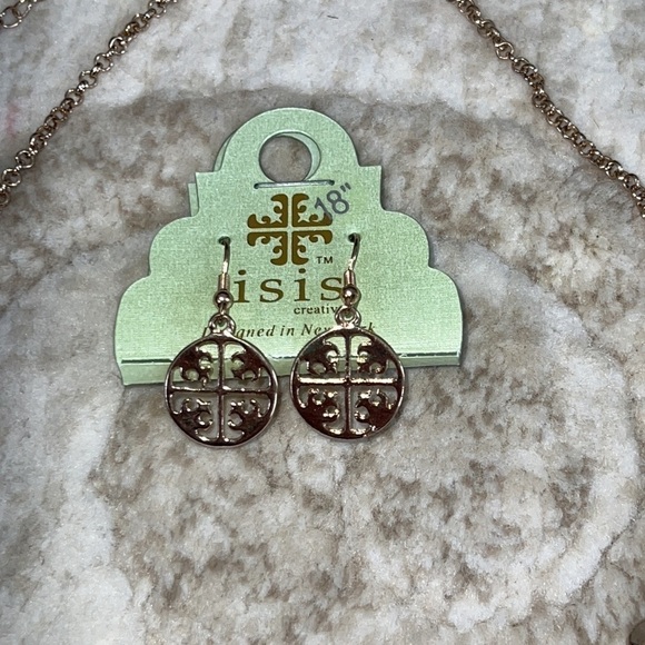 ISIS Creative Enamel Peach Medallion Necklace & Earrings Gold Tone NWT - Picture 2 of 5